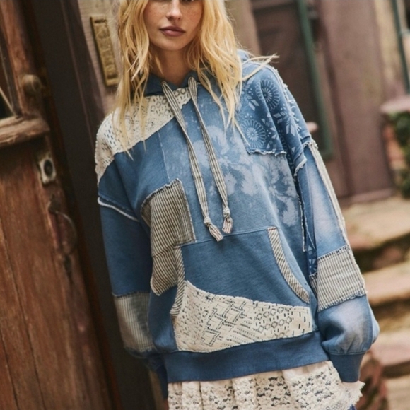 We The Free Tops - We The Free Blue Patchwork Hoodie